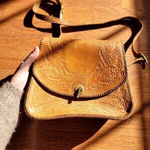 Vtg Embossed Leather Purse Hand Tooled Tan Fawn Deer Floral Western